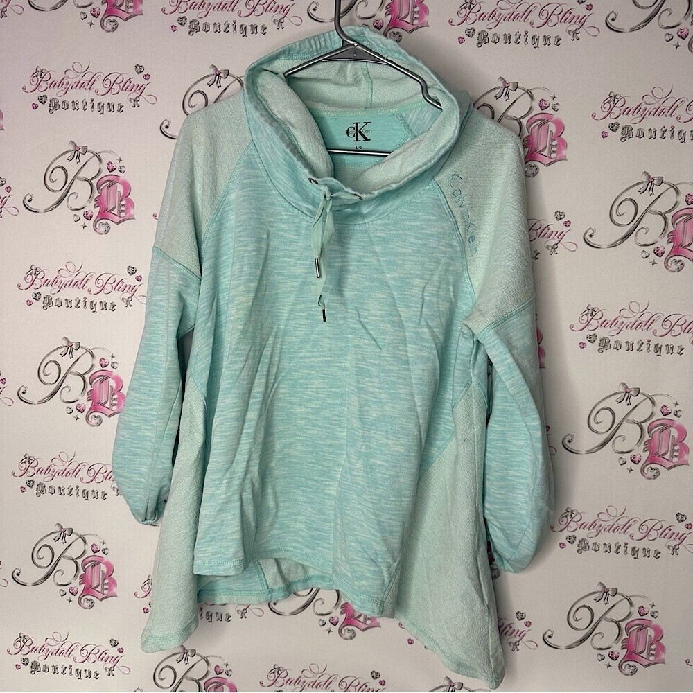 Calvin Klein Light Blue Hoodie turtle neck ribbon tie up blue comfy sweater